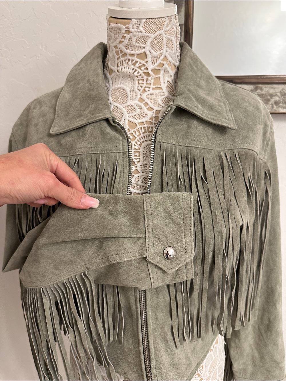 Stunning suede green fringe jacket blank NWT size M - Picture 8 of 11